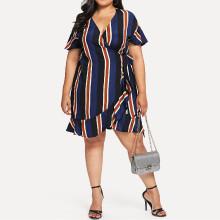 Shein Plus Striped Knot Side Ruffle Wrap Dress