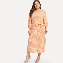 Shein Plus Tie Waist Dot Print Off-shoulder Dress