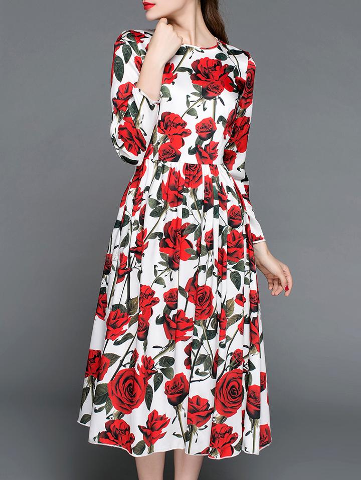Shein White Rose Print A-line Dress