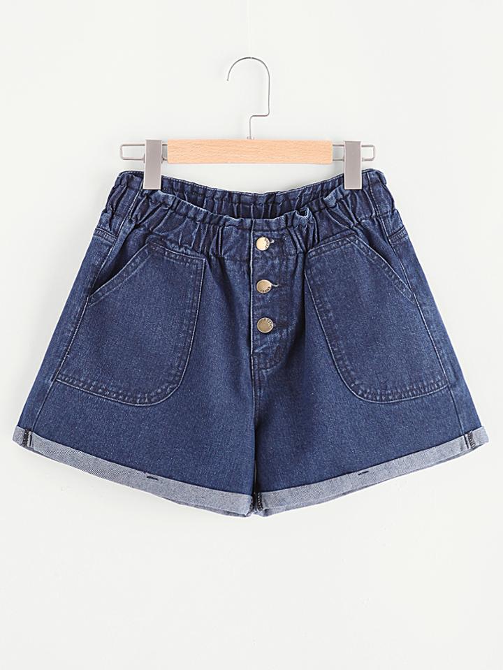 Shein Buttoned Fly Patch Pocket Cuffed Denim Shorts