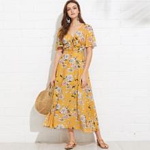 Shein Bell Sleeve Flower Print Drawstring Dress