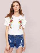 Shein Symmetric Flower Embroidered Frilled Sleeve T-shirt