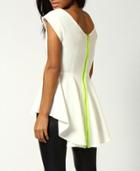 Shein Beige V Neck Dip Hem Contrast Zipper Shirt