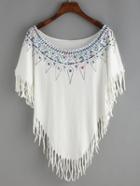 Shein White Geometric Print Fringe Top