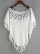 Shein White Geometric Print Fringe Top