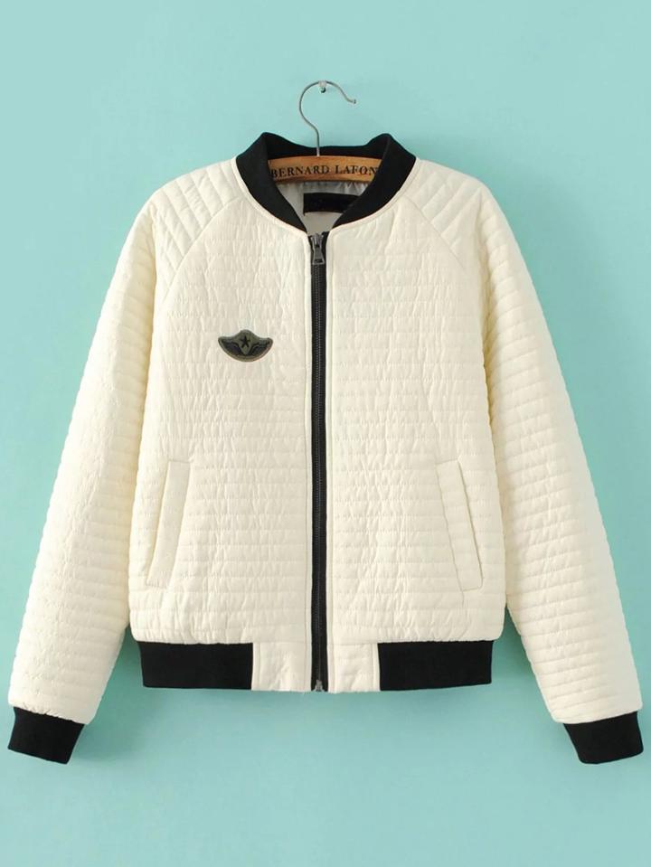 Shein White Patch Detail Contrast Trim Quilted Jacket
