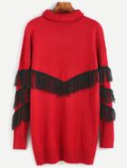 Shein Red Contrast Fringe Turtleneck Long Sweater
