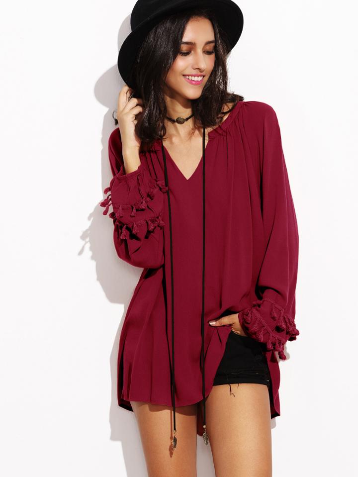 Shein Burgundy V Neck Fringe Trim Dip Hem Top