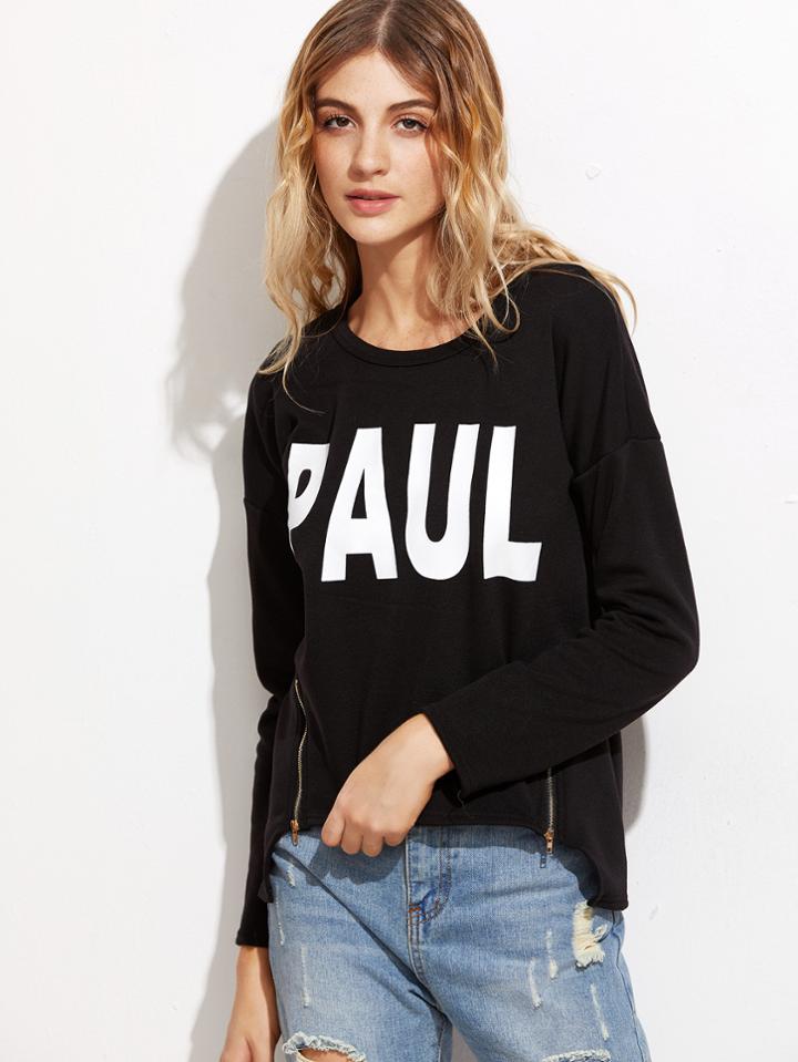 Shein Black Letter Print Zip Side High Low Sweatshirt