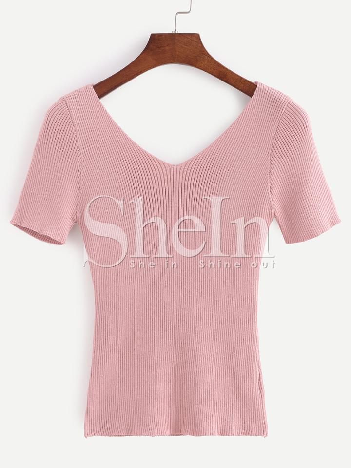 Shein Pink V Neck Short Sleeve Knit T-shirt