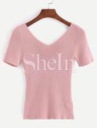 Shein Pink V Neck Short Sleeve Knit T-shirt