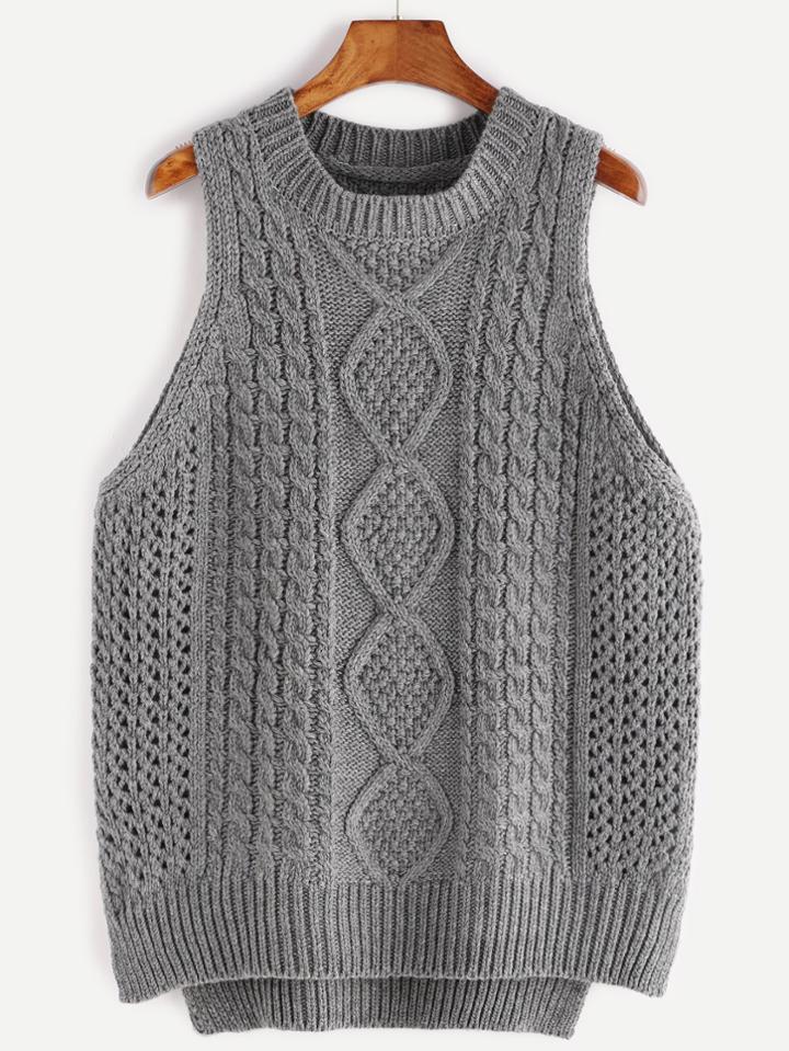 Shein Dark Grey Slit Side High Low Cable Sweater Vest