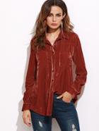 Shein Brick Red Button Front Velvet Equipment Blouse