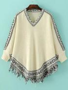 Shein Beige Tribal Pattern Fringe Cape Sweater