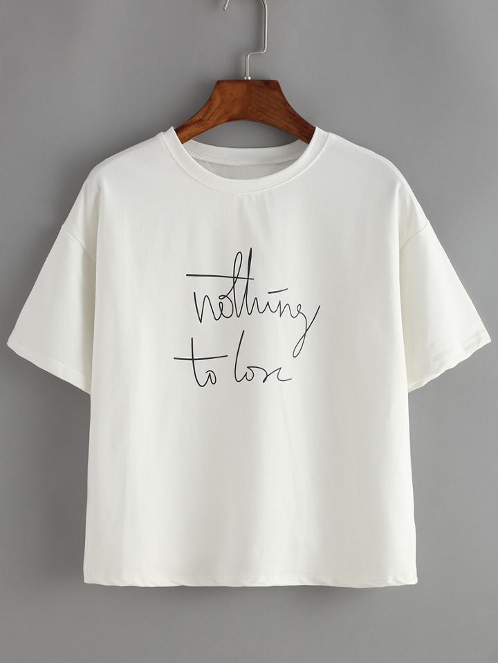 Shein Slogan Print Drop Shoulder White T-shirt