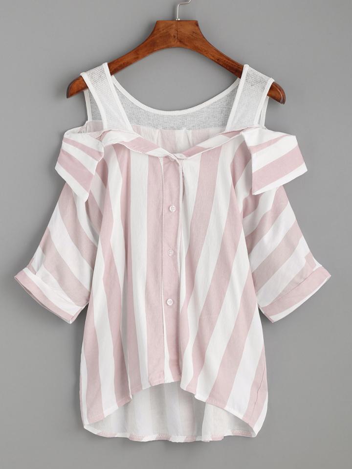Shein Pink Striped Contrast Open Shoulder High Low Blouse