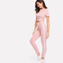 Shein Striped Side Ribbed Crop Tee And Leggings Set