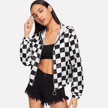 Shein Zip & Pocket Front Plaid Hoodie Jacket
