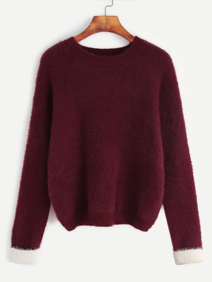 Shein Burgundy Contrast Cuffed Fuzzy Sweater