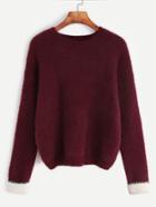 Shein Burgundy Contrast Cuffed Fuzzy Sweater