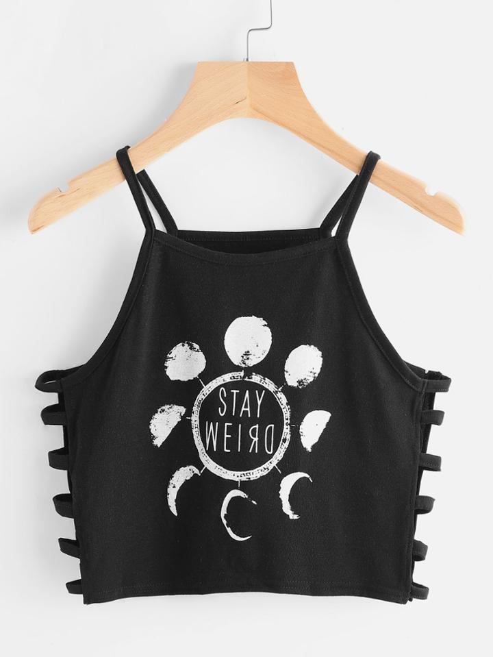 Shein Printed Ladder Cut Out Side Crop Cami Top