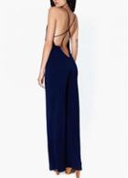 Rosewe Navy Blue V Neck Open Back Loose Jumpsuits