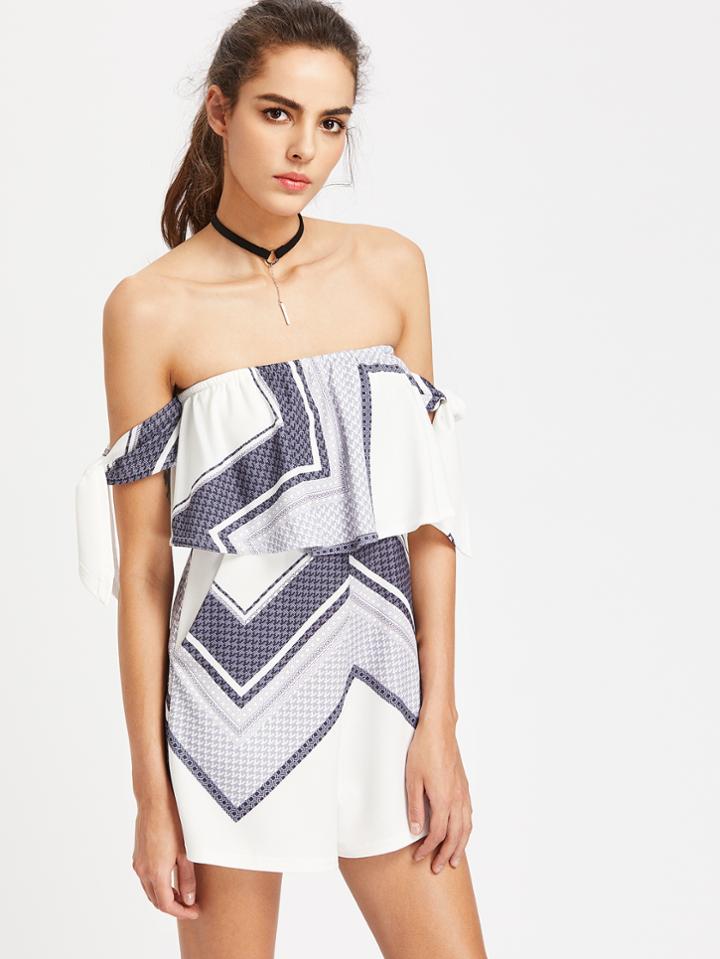 Shein Geometric Print Strapless Self Tie Layered Romper