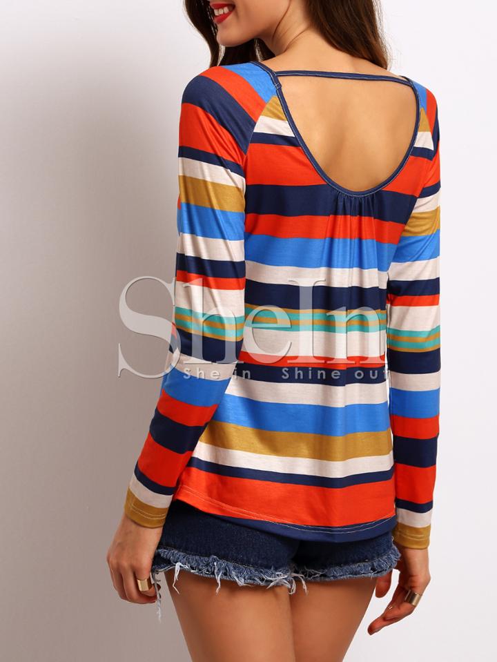 Shein Multicolor Stripe Long Sleeve Casual T-shirt
