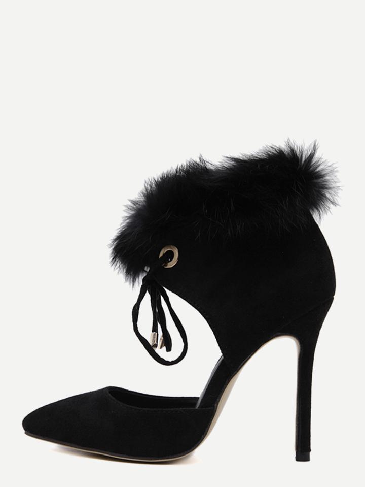 Shein Black Faux Suede Point Toe Faux Fur Cuff Heels