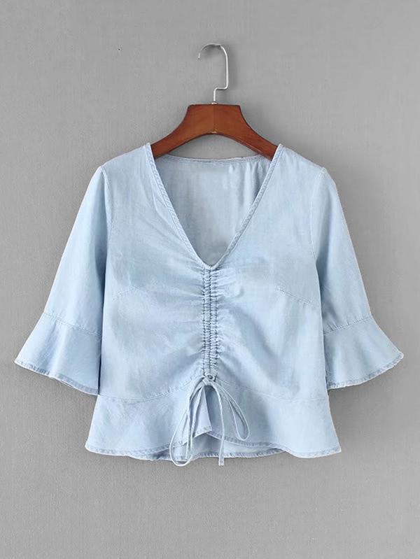 Shein Flounce Trim Drawstring Denim Top