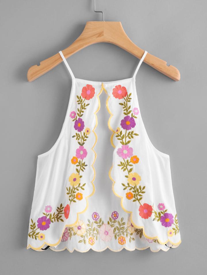 Shein Scallop Trim Split Back Embroidered Cami Top