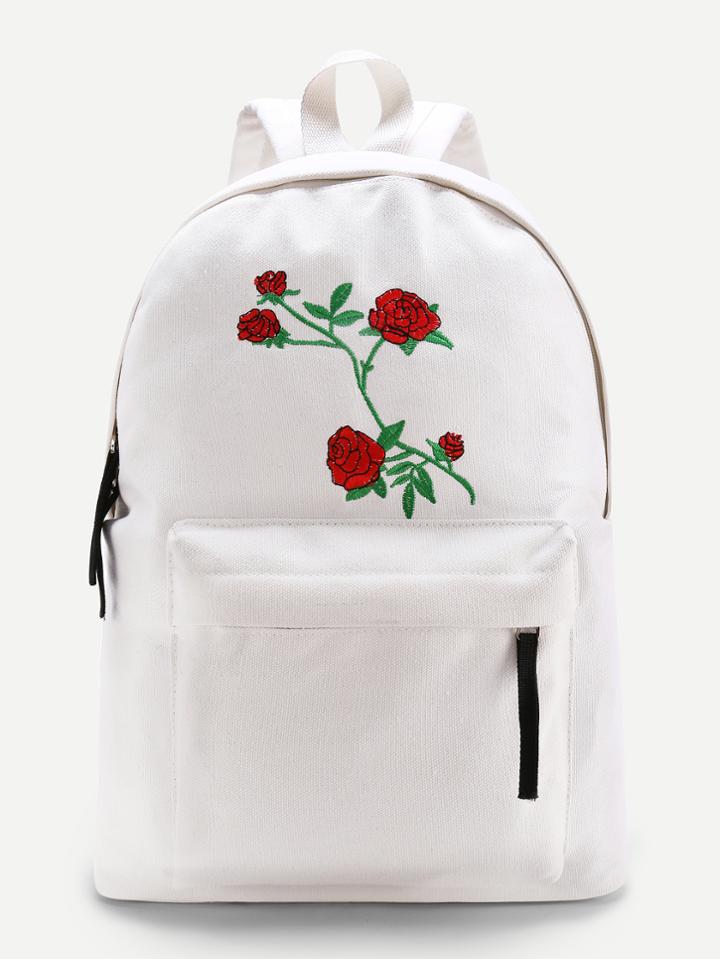 Shein Flower Embroidery Zipper Front Canvas Backpack
