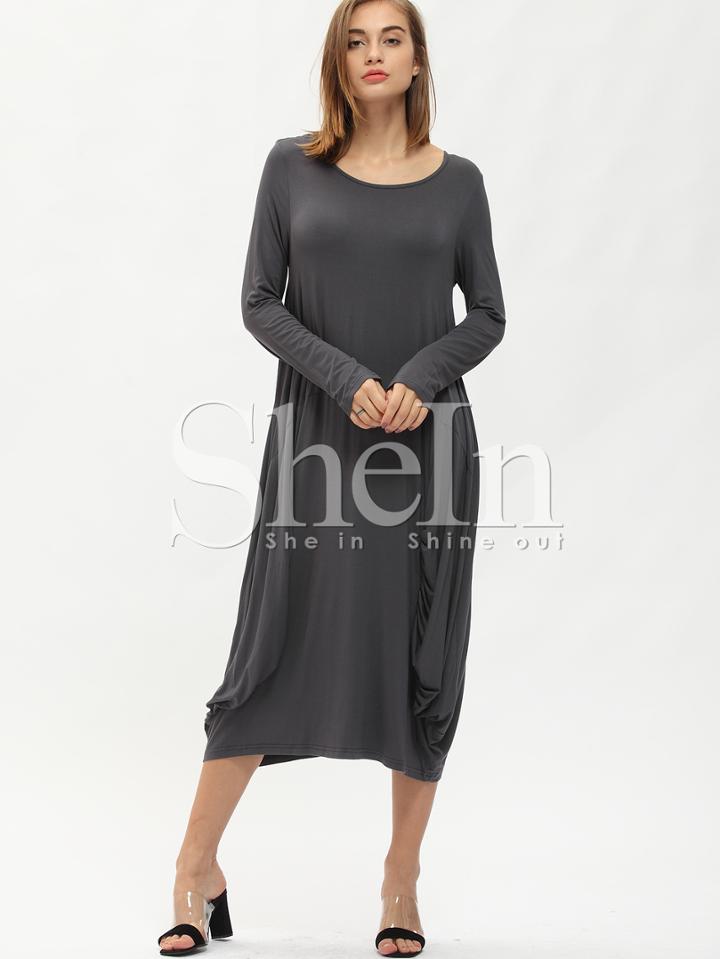 Shein Grey Scoop Neck Draped Side Midi Dress