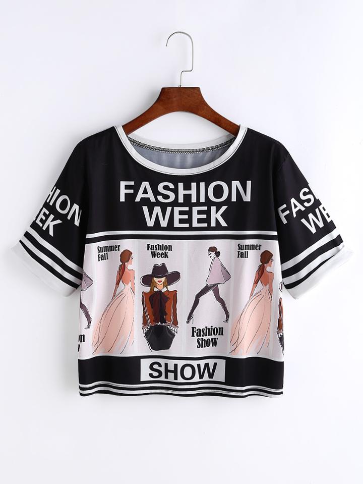 Shein Black Printed Cuffed T-shirt