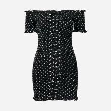 Shein Bardot Frill Trim Lace Up Shirred Dress