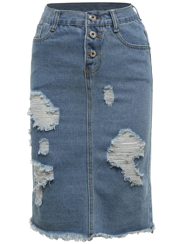 Shein Blue Ripped Frayed Denim Skirt