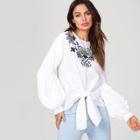 Shein Lantern Sleeve Knot Front Embroidered Top