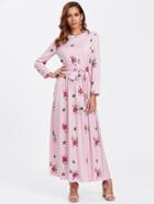 Shein Self Belted Flower Embroidered Hijab Evening Dress