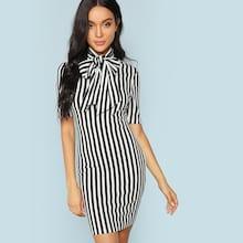 Shein Bow Tie Neck Striped Pencil Dress