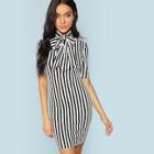 Shein Bow Tie Neck Striped Pencil Dress