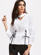 Shein White Choker Neck Lace Up Side Peplum Blouse