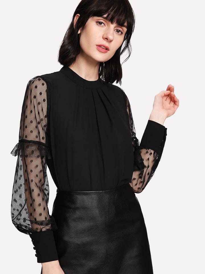 Shein Sheer Mesh Sleeve Polka Dot Top