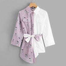 Shein Stripe And Cat Print Asymmetrical Hem Shirt