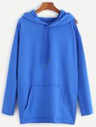 Shein Blue Open One Shoulder  Pocket Front Hooded Sweatshirt