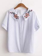 Shein Vertical Striped Flower Embroidery Blouse