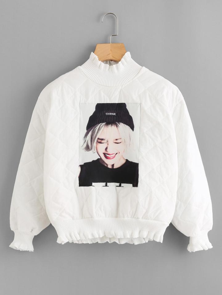 Shein Figure Patch Frill Trim Quilted Pullover