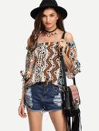 Shein Multicolor Off-the-shoulder Tie Sleeve Blouse