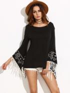 Shein Black Embroidered Bell Sleeve Fringe T-shirt