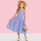 Shein Girls Criss Cross Back Boxed Pleated Stripe Dress