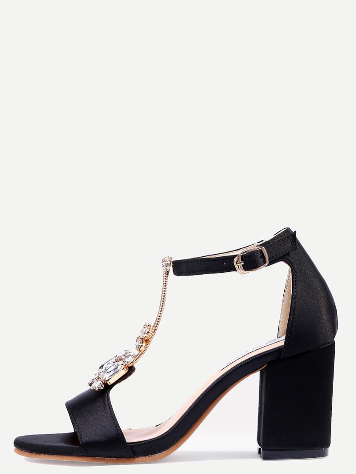 Shein Black Peep Toe Rhinestone T-strap Chunky Pumps